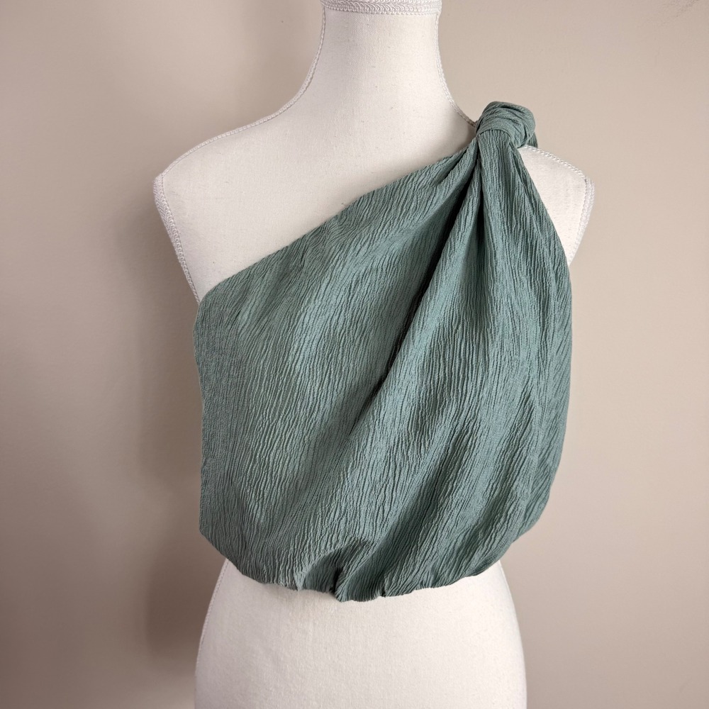 Abercrombie & Fitch Womens One Shoulder Knotted Bubble Hem Crop Top Sage Green S